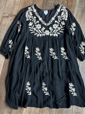 Embroidered V-Neck Black Mini Dress with Cream Floral Accents
